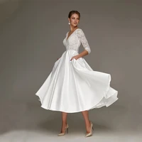 simple satin wedding dress tea length elegant white civil bridal gowns a line with sleeves v neck plus size robe de marriage