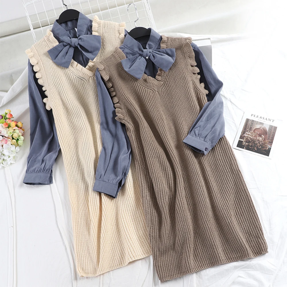 Осеннее Новое корейское трикотажное платье двойка с длинными рукавами и бантом