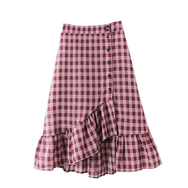 

New spring summer style 2020 cotton show thin fishtail skirt empire waist bag hip A-line skirt retro long plaid skirts for women