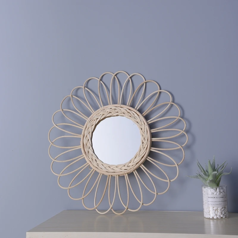 

Hanging Wall Mirror Rattan Innovative Art Decor Round Makeup Dressing Mirrors for Apartment Living Room Bedroom Bathroom