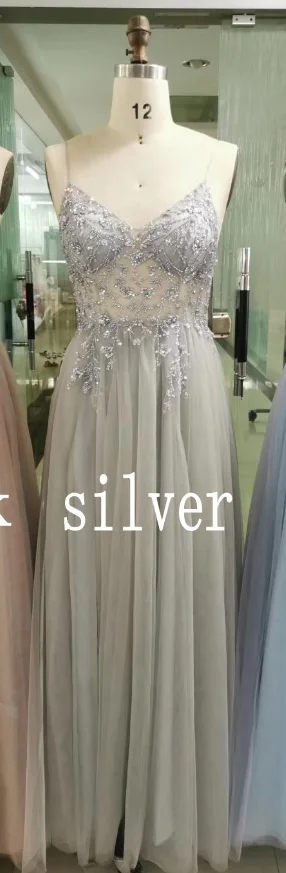 sliver Сексуальные вечерние платья длиной до пола, расшитые бисером, с v-образным вырезом, с разрезом, Robe De Soriee, с открытой спиной, тонкие лямки, Тюлевое, вечерние платья для выпускного вечера - Цвет: sliver