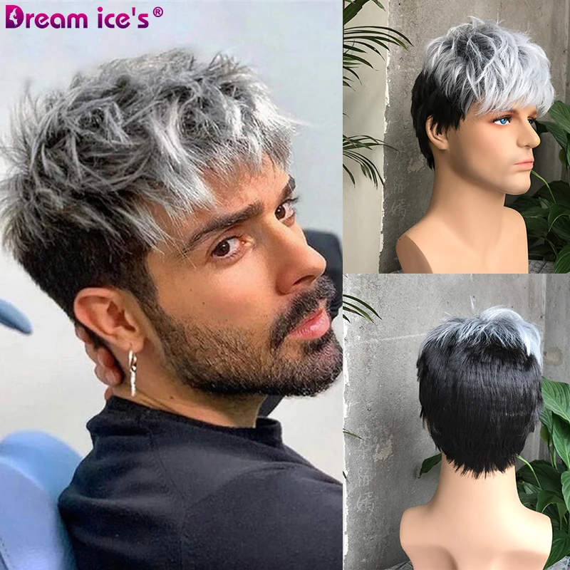 

Short Straight Synthetic Wigs for Men Natural Wave Grey Bob Wig With Bangs Soft Mail Hair Daily Use Dream Ice