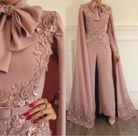 elegant muslim dress for part party blush pink lace appliques beaded evening pants dubai arabic long sleeves formal evening gown