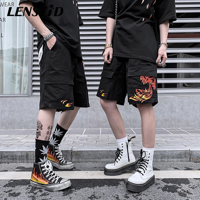 Шорты карго LENSTID в стиле хип хоп с вышивкой Харадзюку Фениксом джоггеры карманами