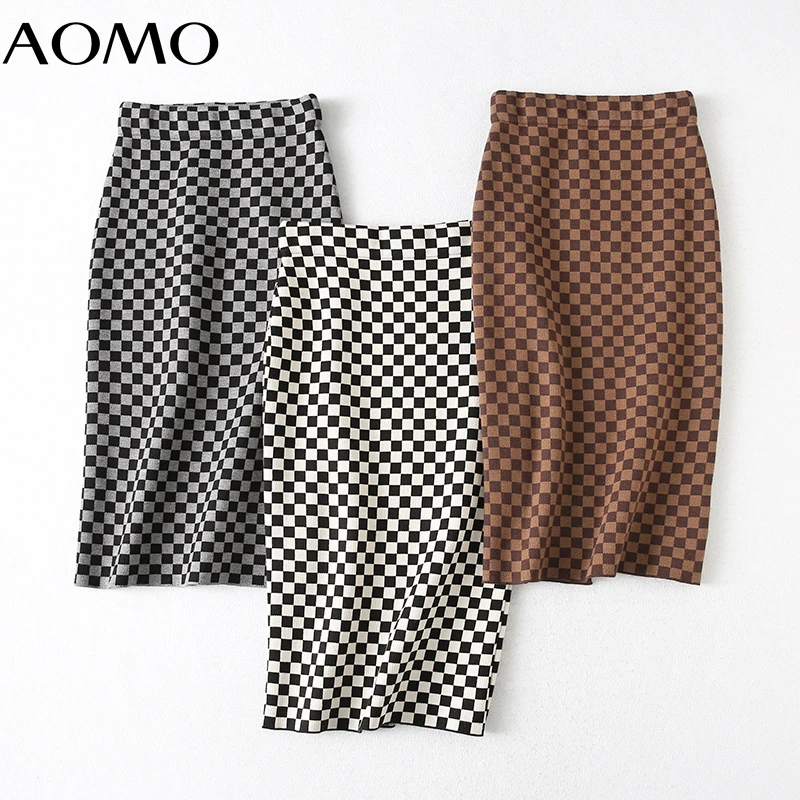 

AOMO 2021 New Women Plaid Knit Midi Skirt Vintage Ladies Chic Mid Calf Skirts YU52A