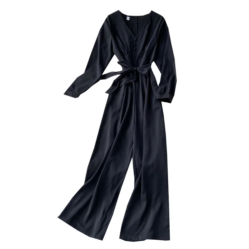 

Spring Autumn Women's Jumpsuit Korean Style The V-neck Solid Color Lace-up Waist Jumpsuit New Slim Drape Female Playsuits LL851