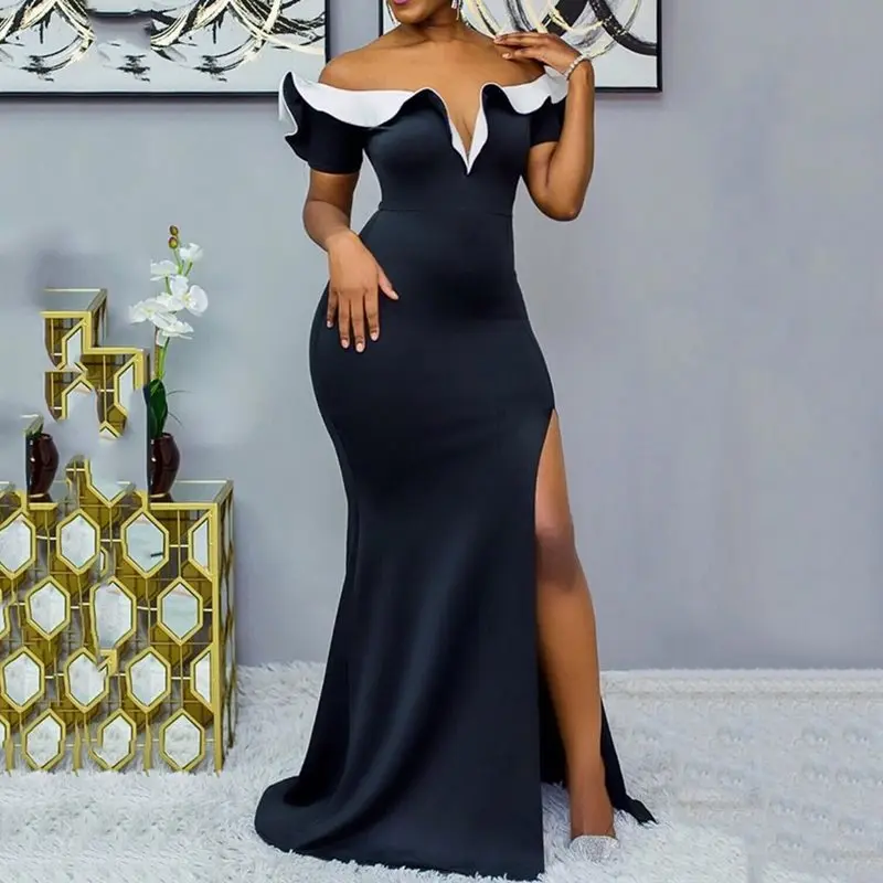 Женское вечернее платье макси с разрезом длиной до пола открытыми плечами и