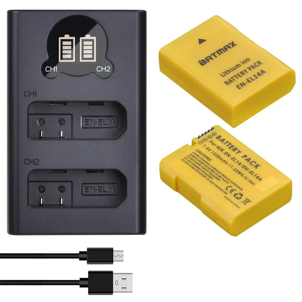 

2X 1530mAh EN EL14a EN-EL14 EL14 Battery + LCD USB Dual Charger Type C for Nikon Df D5500 D5300 D3300 D5100 D5200 D3100 D3200