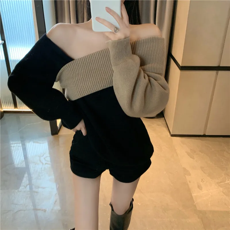 

Korean Fashion Sexy Off Shoulder Vintage Leopard Print Multi-dressed Brown Sweater Turtleneck Women Knitted Jumpers Tops Girl