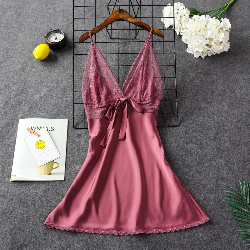 

Women Sexy Silk Satin Night Gown Sleeveless Nightdress Lace Sleep Dress V-neck Nighties Night Shirt Fashion Sleepwear Nightwear