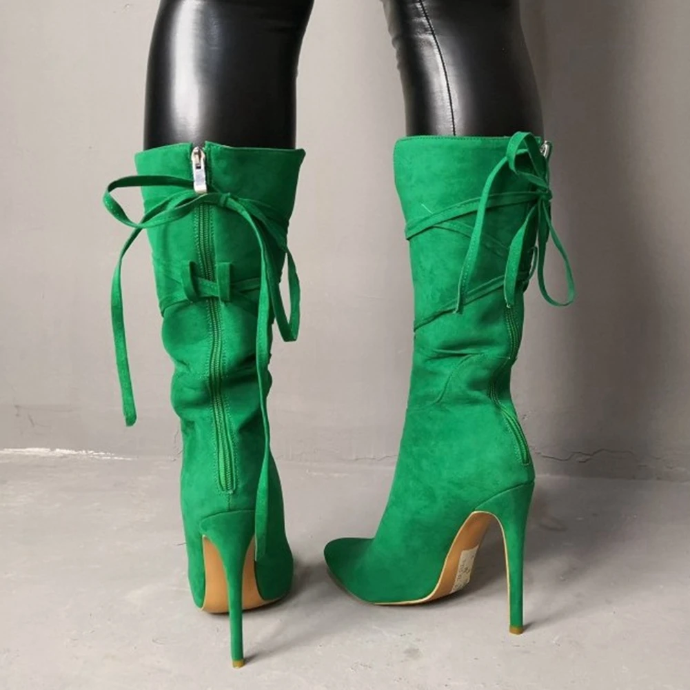 

Karinluna Wholesale Shoes Women New Fashion Flock Green lace-up Pointed Toe Sexy Party Thin High Heel mid-calf Boots Women Shoes