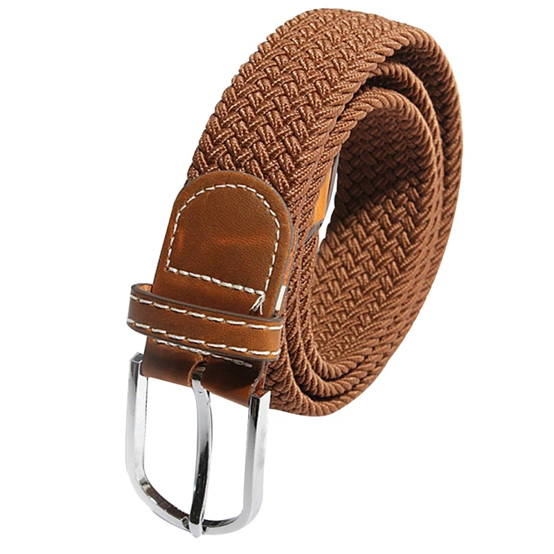 

Unisex Men Women Stretch Braided Elastic Leather Buckle Belt Waistband Brown