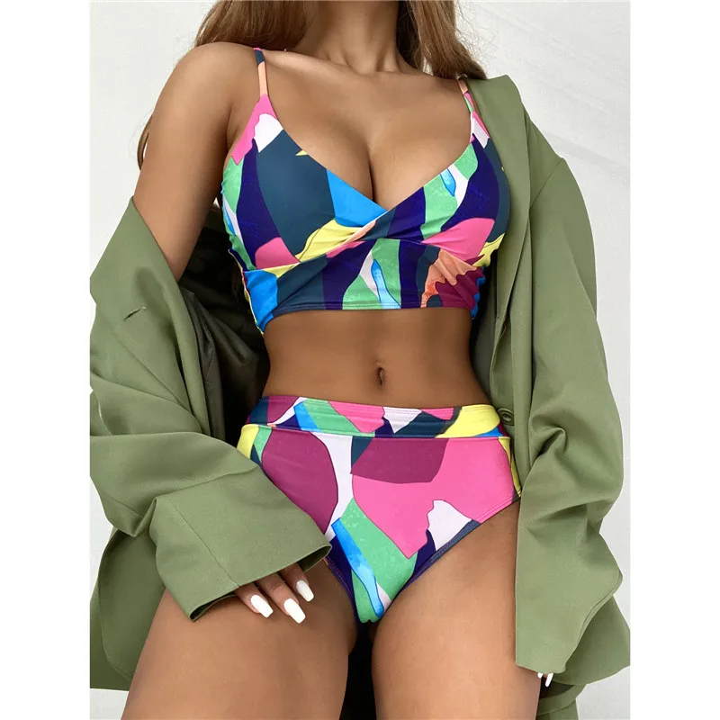 

Fashion Geometric Print Swimwear Women 2021 Sexy High Waist Swimsuits Two-Piece Sexy Femme Push Up V-neck Bikini Sets for Ladies