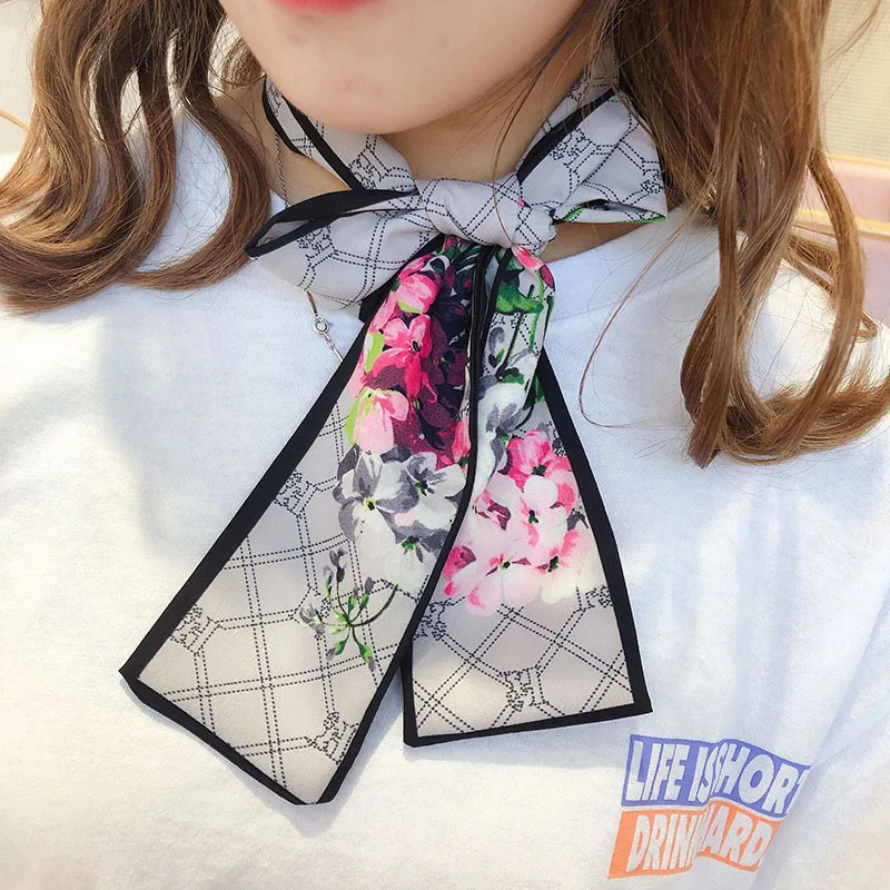 

Designer Elegant Floral Silk Long Scarf Hair Tie Band Small Women Neckerchief Head Bandana Scarfs for Ladies