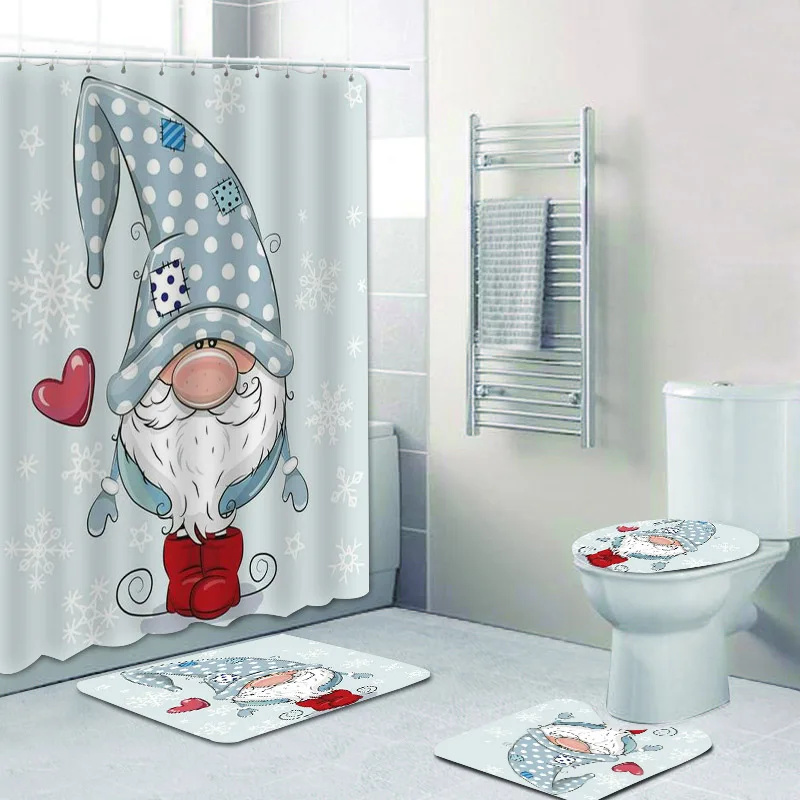 Cute Cartoon Gnome Christmas Shower Curtain Bathroom Curtains Set Elf Dwarf Painting Curtains for Kid Bathtub Decor Rug Carpet