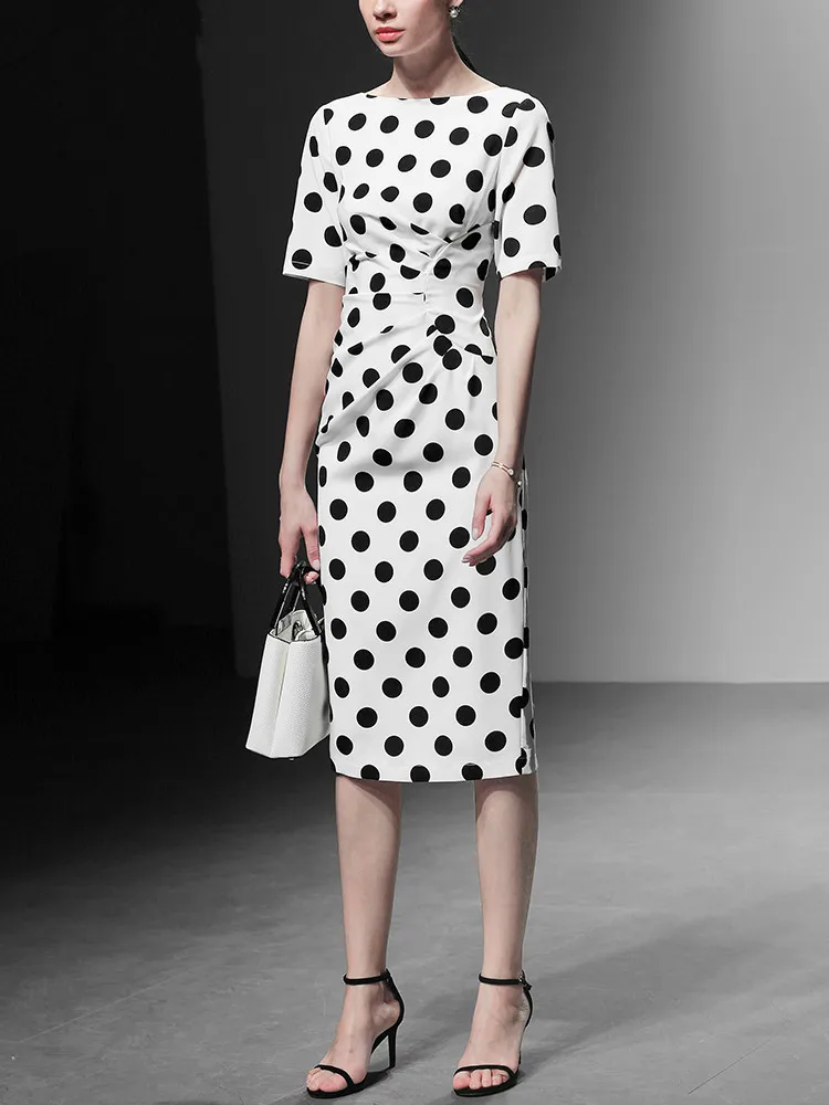 Женское модельное платье в горошек винтажное элегантное офисное облегающее миди