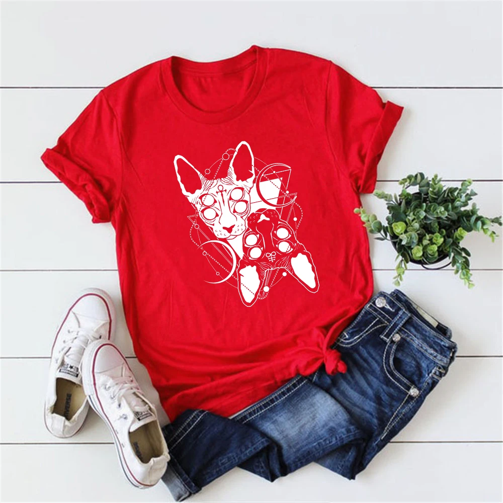 Классные готические футболки Twin Sphynx Cat эстетическая футболка в стиле Харадзюку с