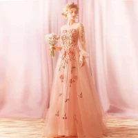 dreamy pink tulle flowers prom dress with long sleeves embroidery flowers applique evening dresses o neck floral dress lace up