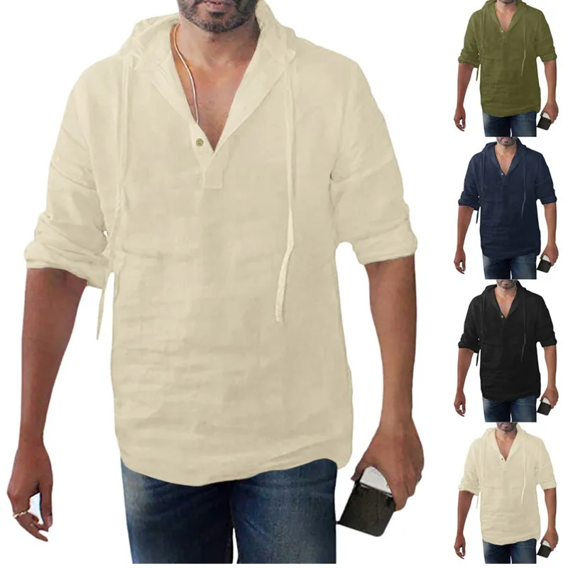 Рубашка мужская с капюшоном и длинным рукавом модная блузка из хлопка льна в