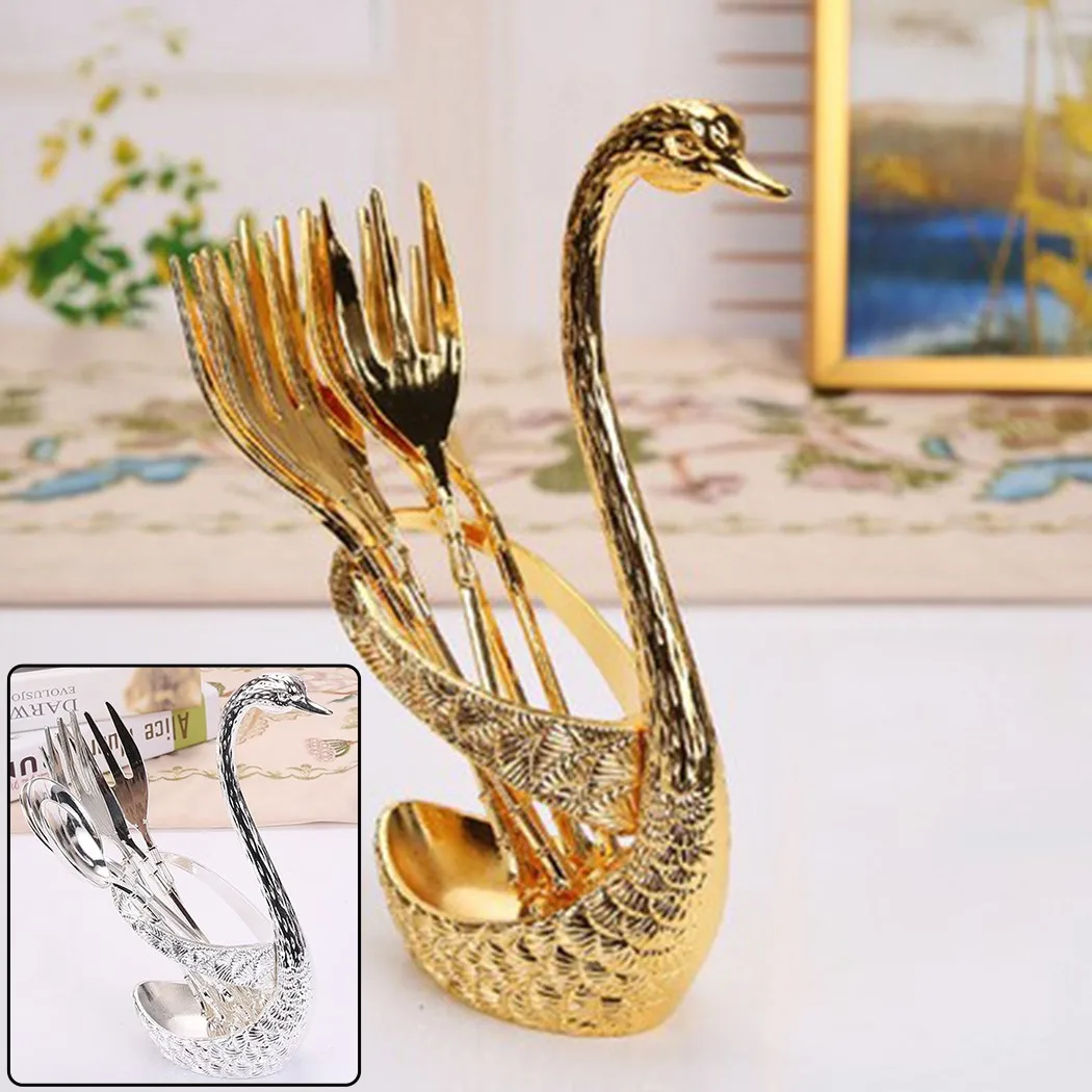 

7pcs Swan Fruit Base Holder Fork Set Silver/gold Salad Dessert Coffee Cake Tableware Stainless Steel Kitchen Dinnerware