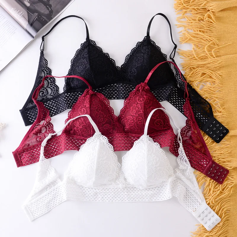 

Sitonjwly Triangle Cup Bra Women Bralette Deep-V Sexy Lace Padded Solid Lingerie Wire Free Bra Brasiere Mujer Femme Bra