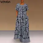 Платье VONDA женское с круглым вырезом, повседневное длинное винтажное платье макси в богемном стиле с коротким рукавом и принтом, 2021