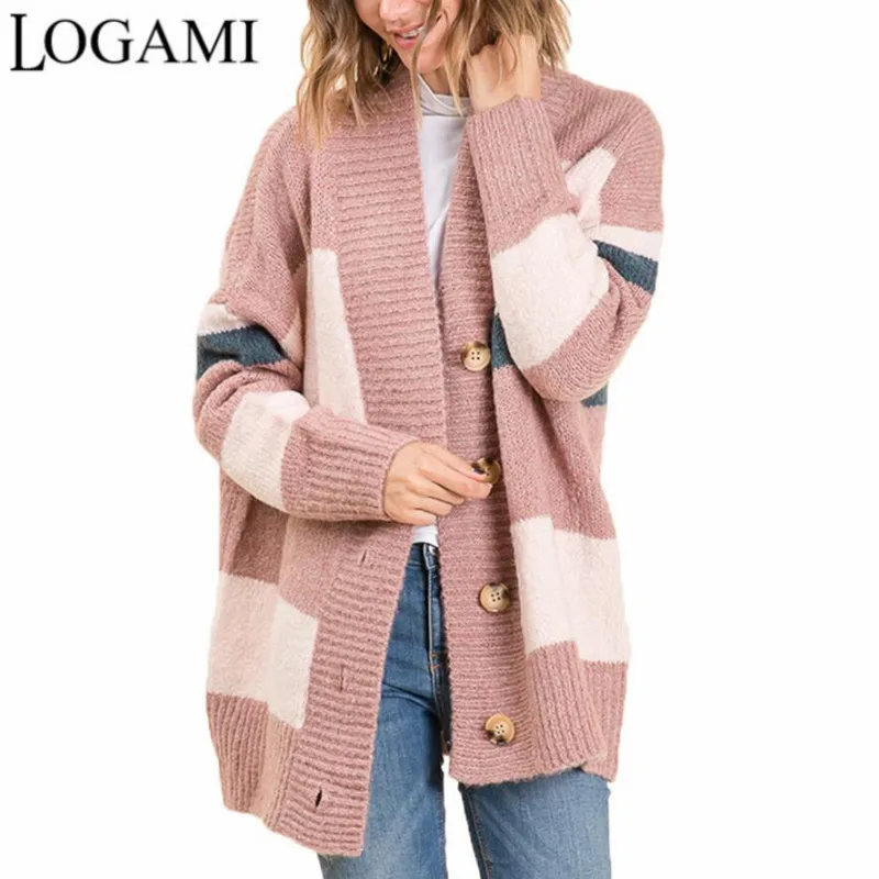 

LOGAMI осенне-зимние Полосатые кардиганы с пуговицами, вязанная кофта, кардиган, длинное пальто
