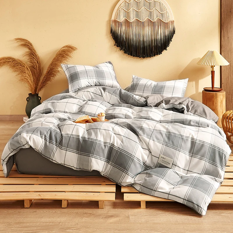 

4pcs Grey Plaid Bedding Set Printed Bed Sheet Flat Sheet Bed Skirt Bed Spread Bed Cover Quilt Cover King Queen Twin Size