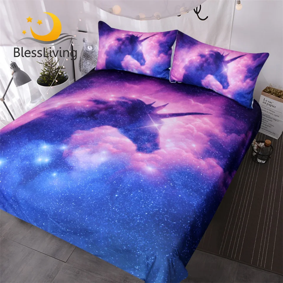 

BlessLiving Galaxy Unicorn Bedding Set Kids Girls Psychedelic Space Duvet Cover 3 Piece Pink Purple Sparkly Unicorn Bedspread