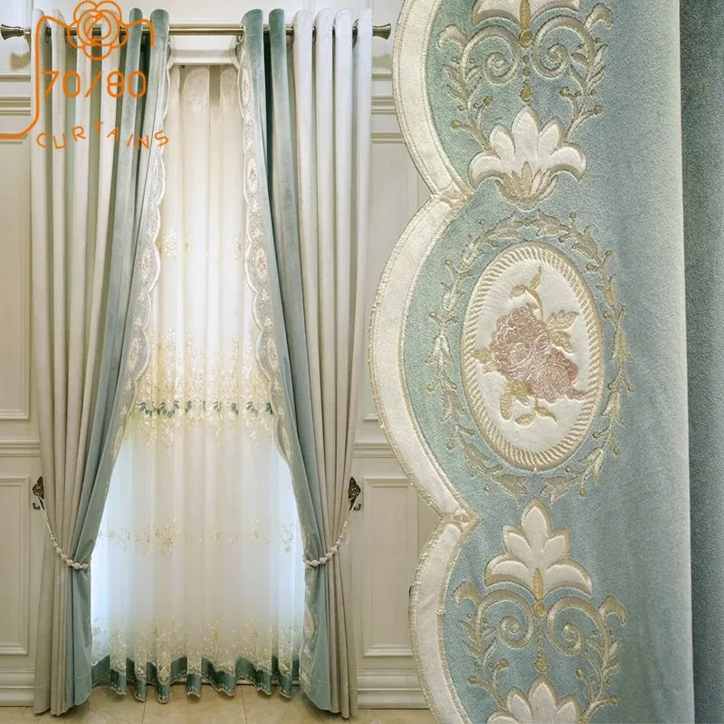 European Style Curtains for Dining Room Bedroom Embroidery Fabric Splicing Curtains Luxury Living Room  Tulle Curtains