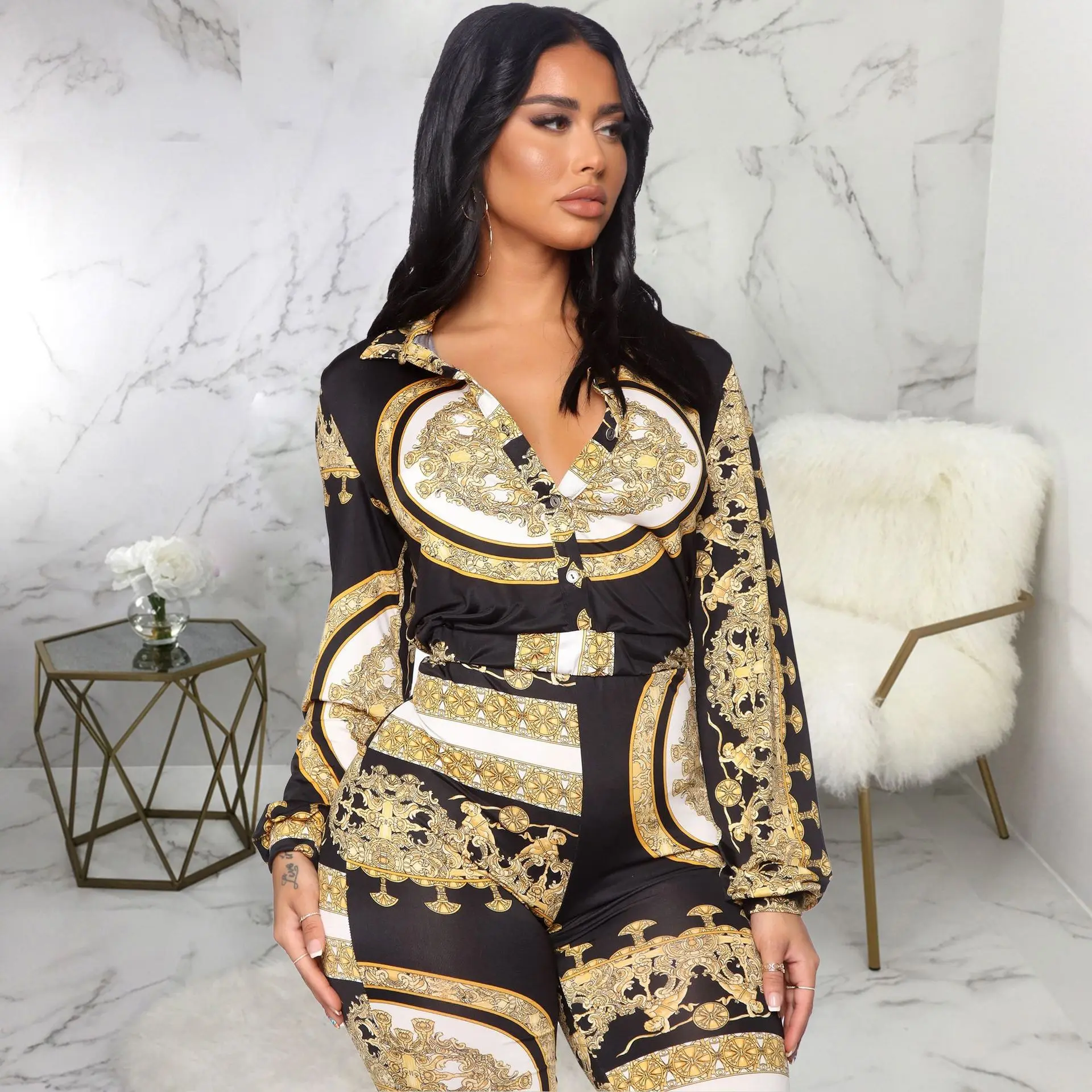 

2020 Jumpsuit Women's Long Sleeve Slim Printed Waist Jumpsuit Casual Jumpsuit