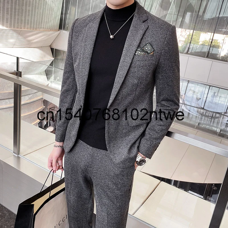 

Костюм мужской зимний из двух предметов, приталенный серый костюм в Корейском стиле, на одной пуговице