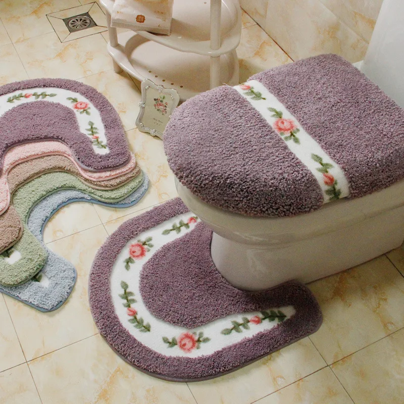 1 set purple Пасторальный стиль туалетный коврик с цветочным узором Набор ковриков для ванной комнаты u-образные туалетные коврики напольный Декор коврик для ванной набор волоконных крышек для туалета - Цвет: 1 set purple