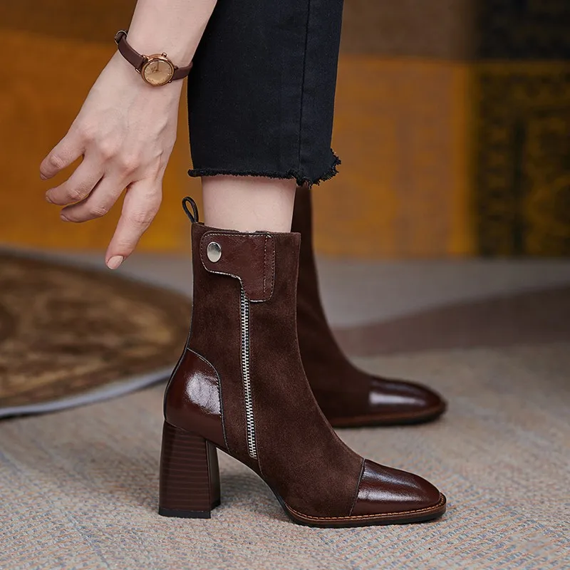 

2021 New Pumps Ankle Botas Women Chunky PU Leather High Heels Shoes Chelsea Boots Winter Party Sexy Zipper Fashion Bow Zapatos