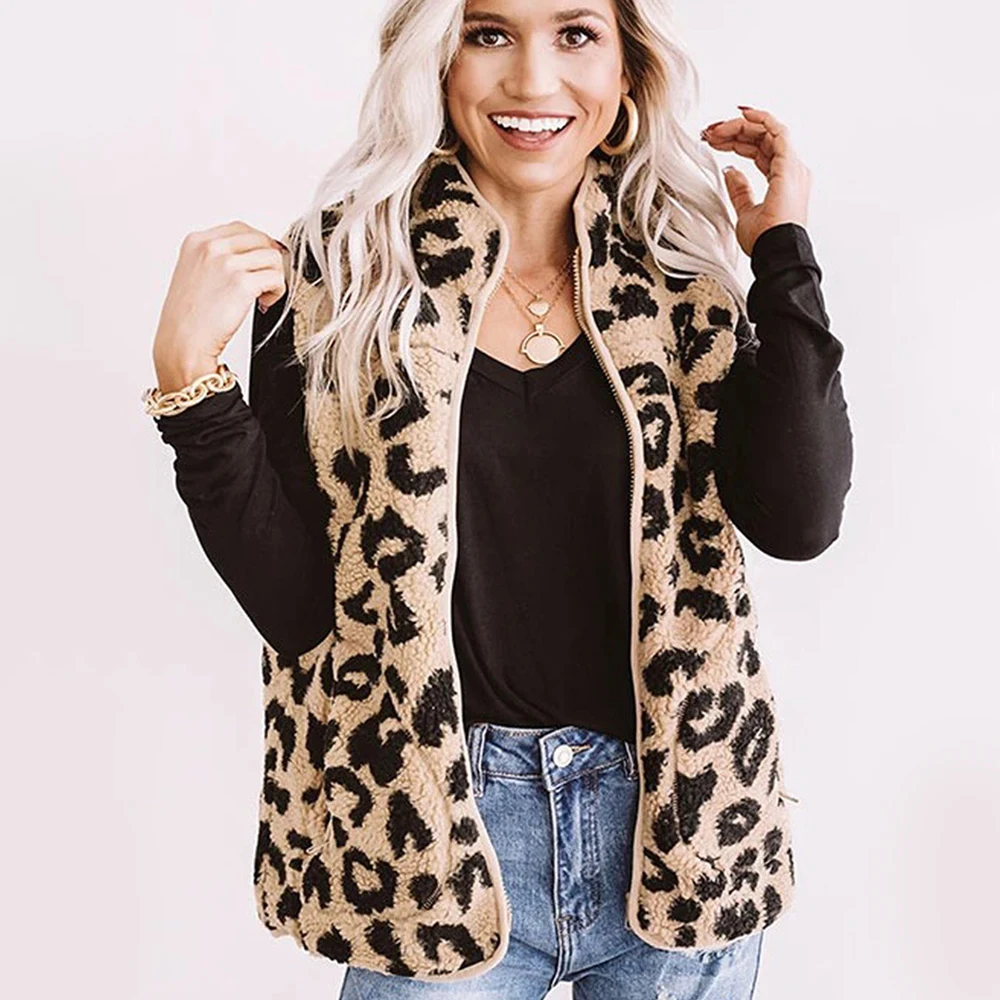 

Fleece Vest Zipper Top Women Leopard Sleeveless Jacket Coat Casual High Neck Fluff Vest Autumn Winter Warm Coat Women Cothes