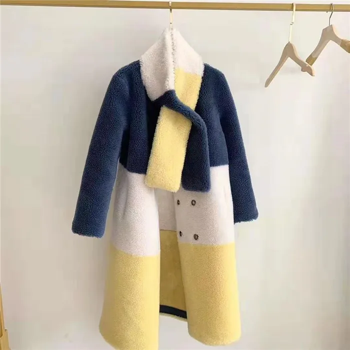 yellow Зимняя женская куртка из овечьей шерсти, длинное пальто, женская меховая куртка с поясом - Цвет: yellow