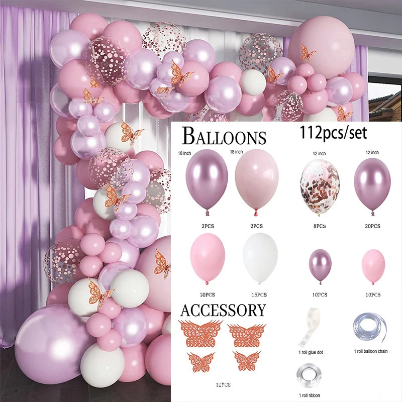 Kit de arco de guirnalda de globos de confeti para ni&ntilde;a y mujer, decoraci&oacute;n de fiesta de cumplea&ntilde;os con accesorio de mariposa 3D, suministros de boda, 112 piezas-3