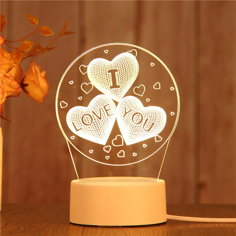 

3D Acrylic Table Lamp LED Night Light Creative Pattern Various Styles Bedroom Mild Birthday Party Valentine's Day Bedside Lamp