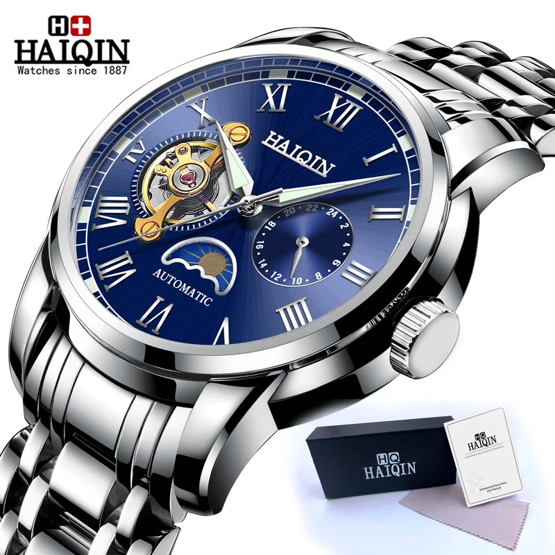 Silver Blue S HAIQIN водонепроницаемые мужские часы с скелетом из нержавеющей стали, роскошные брендовые прозрачные механические Спортивные мужские наручные часы - Цвет: Silver Blue S