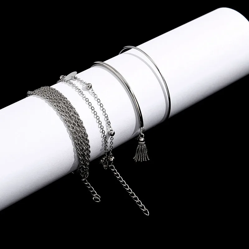 

4 Pcs/Set Bohemian Silver Color Tassel Round Bracelet Set for Women Multilayer Pendant Bracelet 2020 Fashion Jewelry