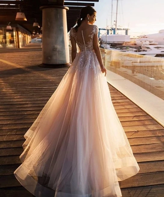 2020 элегантная Кружевная аппликация ТРАПЕЦИЕВИДНОЕ пляжное свадебное платье в