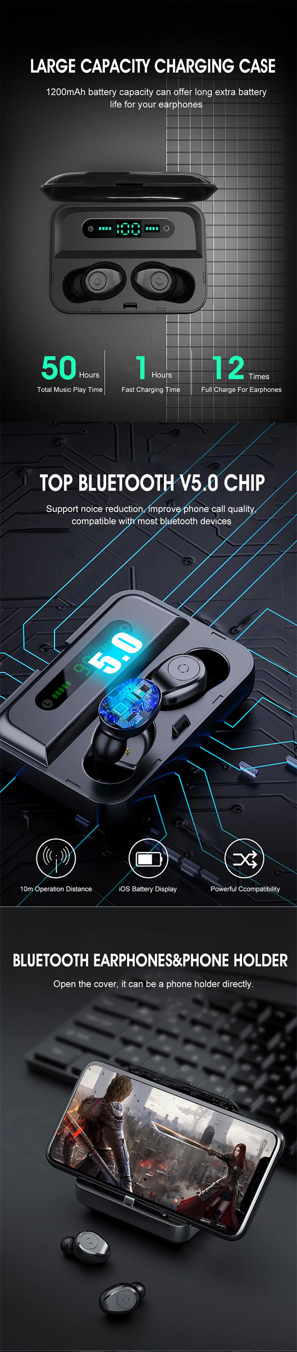 Светодиодный дисплей 1200mA power Bank беспроводные Bluetooth наушники 5,0 водонепроницаемые наушники 5D стереонаушники Bluetooth для всех смартфонов