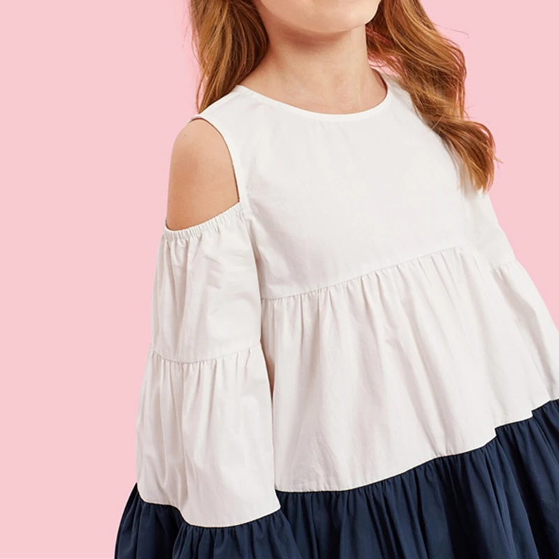SHEIN Kiddie/многослойное платье с цветным блоком и открытыми плечами для девочек г., Осенний рукав-волан, трапециевидные платья для подростков