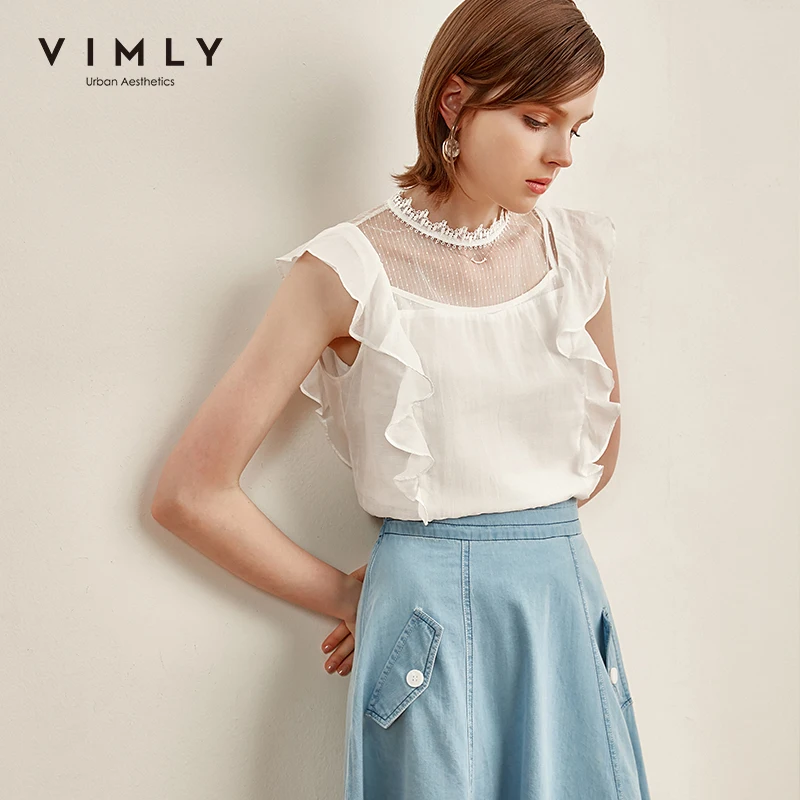 Женская блузка с рюшами Vimly Офисная однотонная без рукавов кружевными вставками