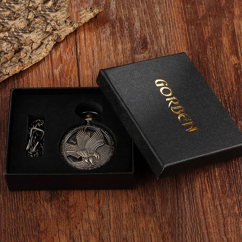 Roman Numeral Antique Mechanical Pocket Watch Skeleton Steampunk Vintage Eagle Engraved Case Dial Male Fob Chain Clock for Men
