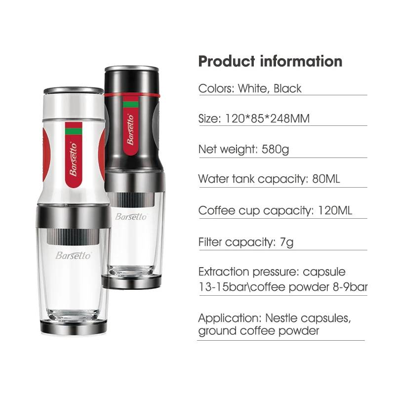 

Barsetto 2 in 1 portable Coffee Machine , 15 Bar Manual capsule espresso Maker For Nespresso capsules & coffee powder