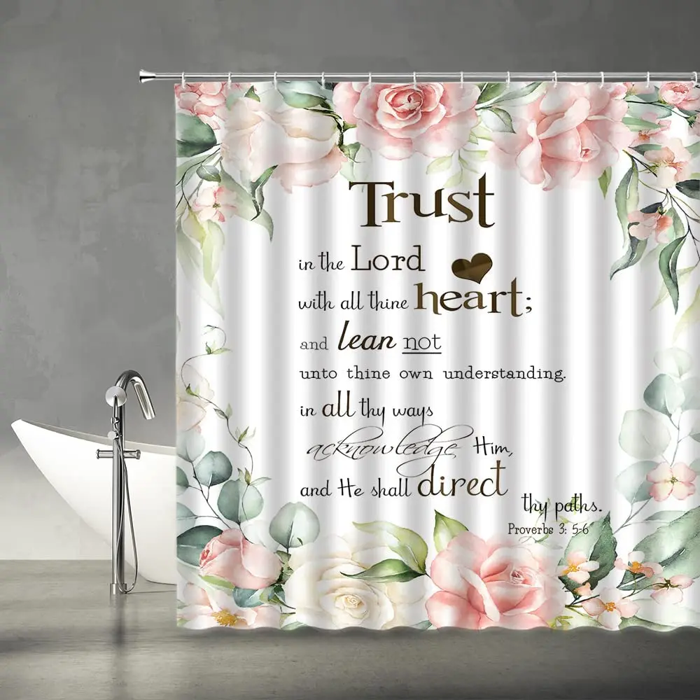 

Inspirational Quote Shower Curtain Motivational Word Proverb Watercolor Floral Pink Bathroom Curtain Bath Decoration with Hooks