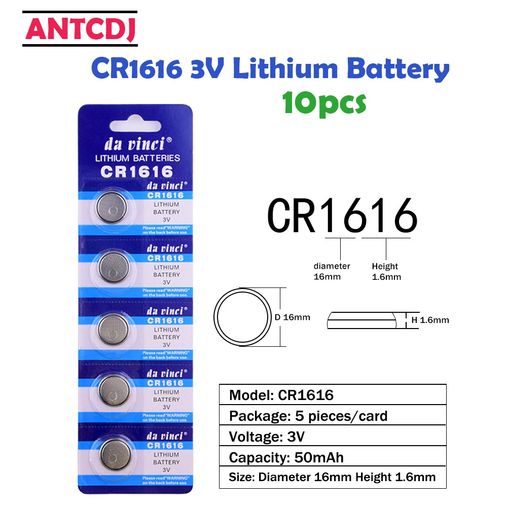 

10Pcs CR1616 Antcdj Lithium Button Battery 3V LM1616 DL1616 ECR1616 Coin Cell Batteries 50mAh For Watch Electronic Toy Remote