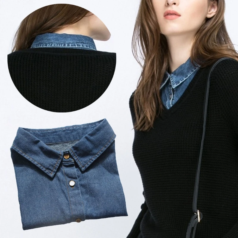 

Women Denim Shirt False Collar Detachable Fake Necklace Lapel Shirt Accessories