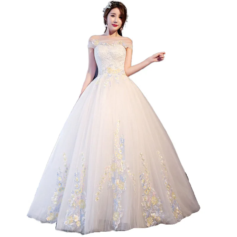 

2020 New Bridal Trailing Wedding Dress Korean-Style Sweet Slimming Card Shoulder Lace Three-dimensional Flower Color Costume